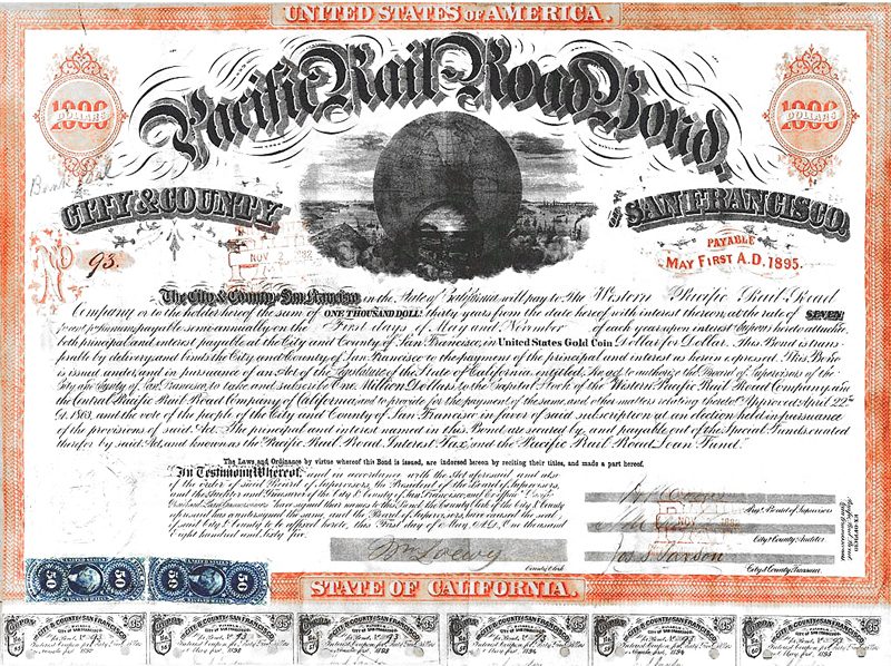 An 1865 Pacific Railroad bond certificate, printed in orange and black, issued by the City and County of San Francisco.