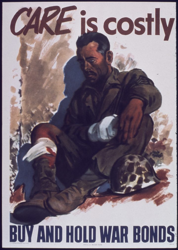 Poster: a wounded soldier sitting on the ground, with the words Care is costly. Buy and hold War Bonds.