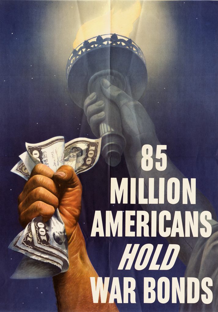 Poster: a raised fist gripping cash beneath a torch, with the words 85 Million Americans Hold War Bonds.